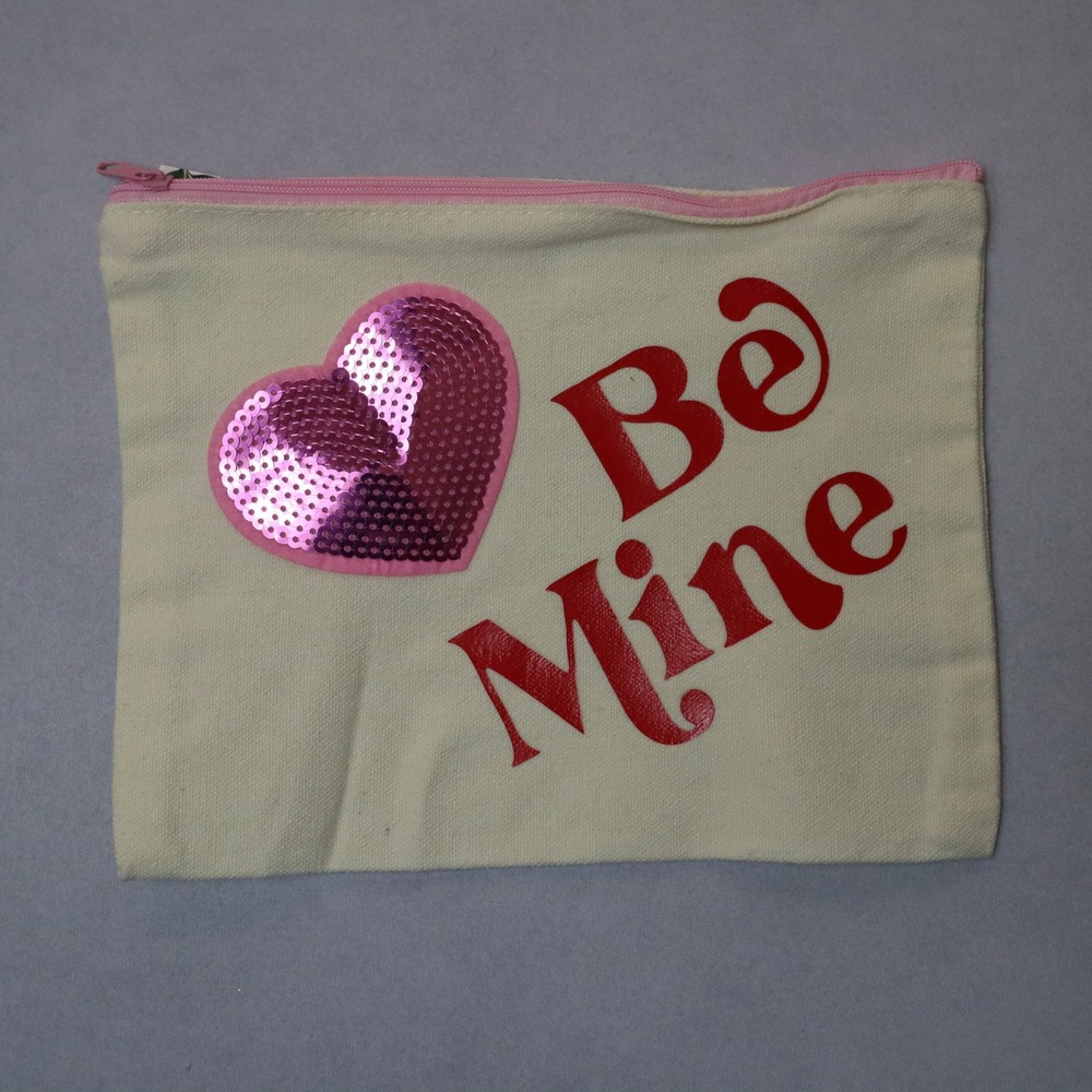 Be Mine Pink Sequin Heart Patch Pink Zipper Canvas Pouch Handmade Makeup Bag
